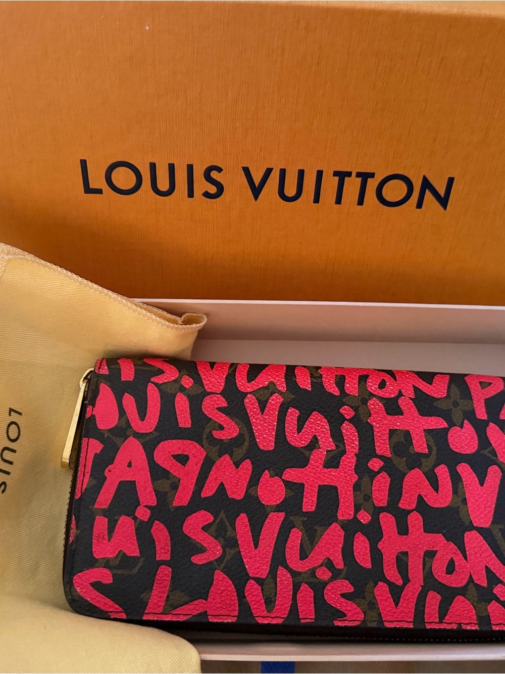 Louis Vuitton Brown Canvas Wallet with Bold Pink Graffiti